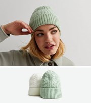 New Look 2 Pack Cream and Green Cable Knit Beanies